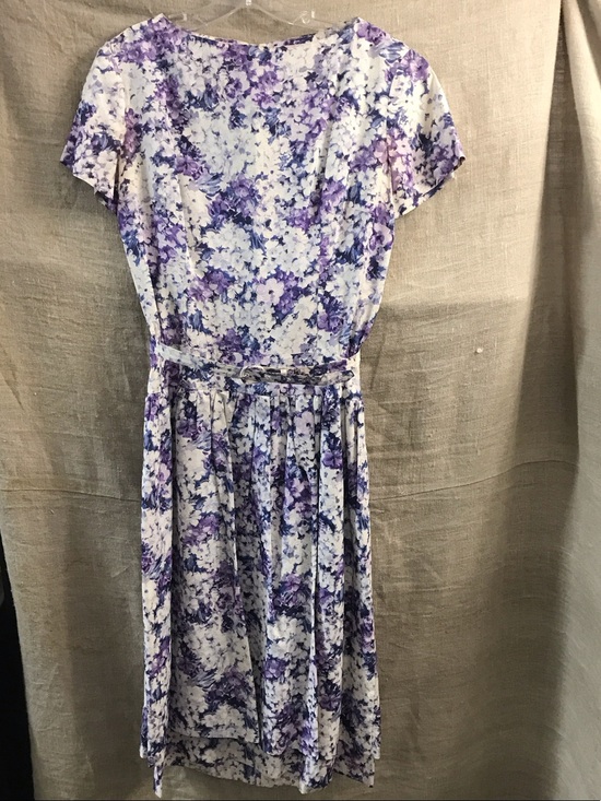Handmade Dresses & Skirts - Vintage 1950s Floral Purple Short-Sleeve Belted Midi Dress